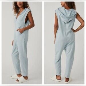 Free People Movement Nothing but Sweat Hooded Jumpsuit ~ Artic Blue
